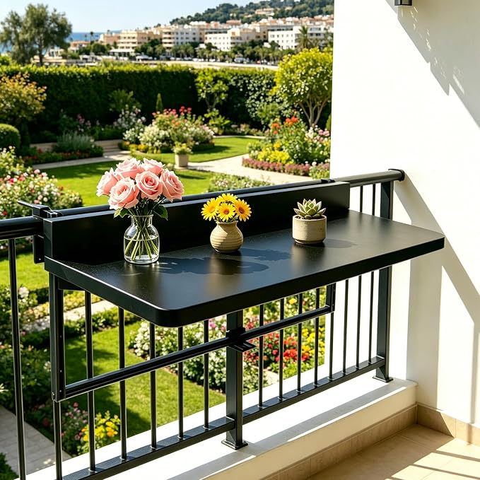 Balcony Bar Table Hanging for Railings, Outdoor Adjustable Height Folding Deck Rail Table for Patio, Garden, Renter-Friendly Space Saving, Aluminum Weatherproof Fits Round/Square Rails, Black