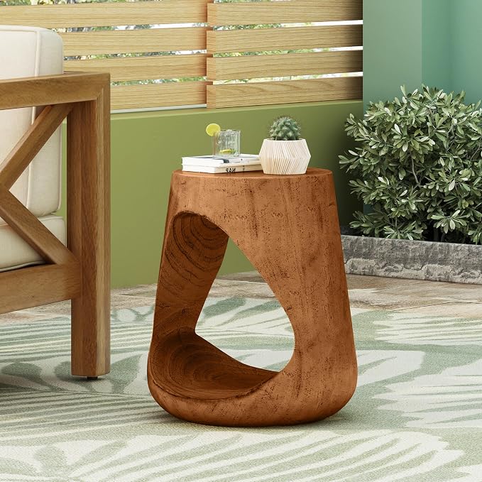 Lightweight Concrete Outdoor Side Table,Hollow Outdoor End Table, Wood-Like Texture Modern Small Accent Table for Patio Garden Balcony Porch Antique Brown 16.75" H