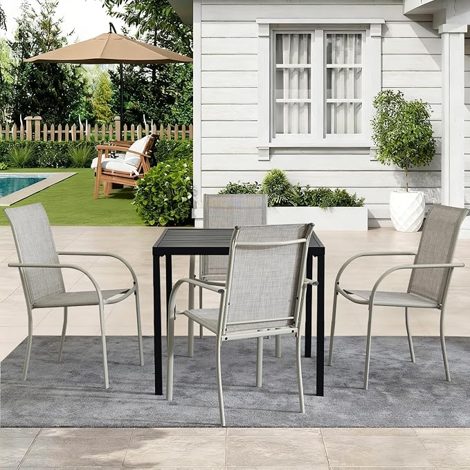 5-Piece Outdoor Dining Set, 35.5" Square Metal Patio Table with Grey Chairs, Black Table with Umbrella Hole for Garden, Yard, Patio