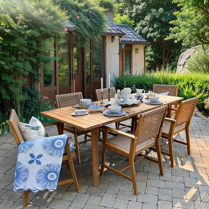 PHI VILLA Patio Dining Chairs, Set of 2, Acacia Wood & Wicker, Brown | All-Weather, Wide Seat, For Deck, Porch, Garden