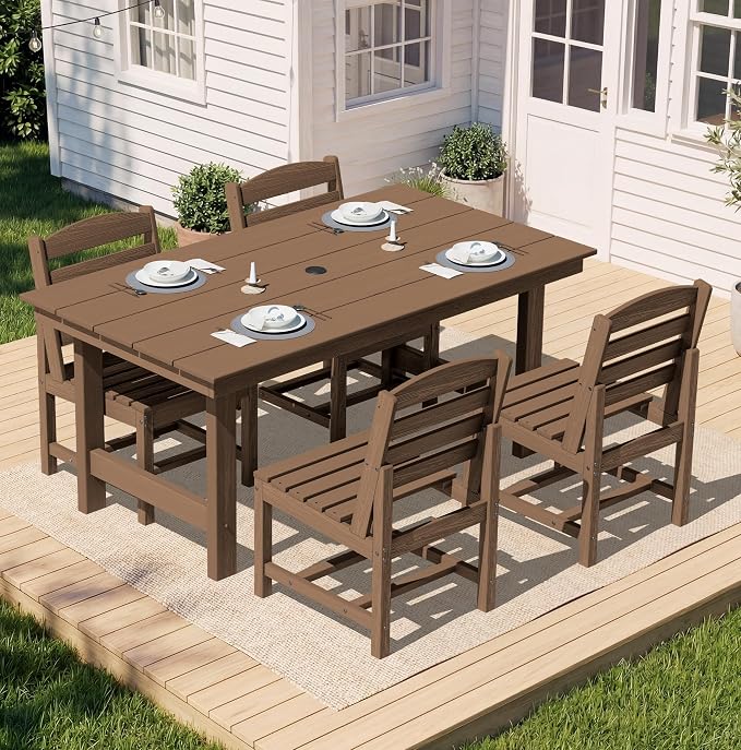 SERWALL 7-Pc HDPE Patio Dining Set, 1 Table & 6 Armless Chairs, Brown | HDPE Outdoor Dining Set with Rectangular Table & 6 Armless Chairs, All-Weather Resistant SERWALL Dining Set for 6