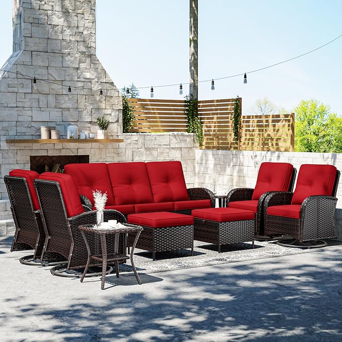 Joyside Wicker Patio Furniture Set, 9 Piece Outdoor Furniture Set with Thickened Cushions, High Back, Deep Seating, Wide Armrest, Outdoor Swivel Rocker Chairs for Porch, Deck