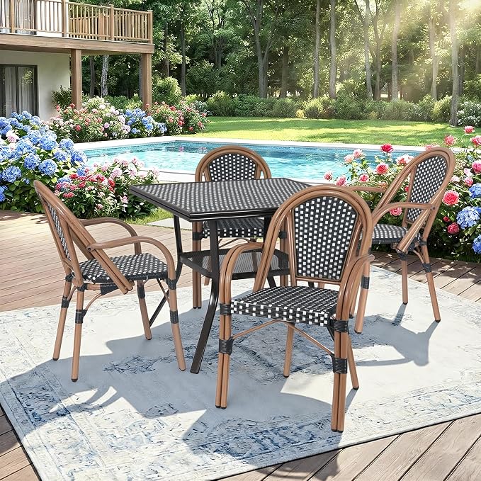 Outdoor Patio Dining Table for 4 People, 35.2" All Weather Hand-Woven PE Rattan Square Table for Garden Backyard Porch Poolside, Black&White