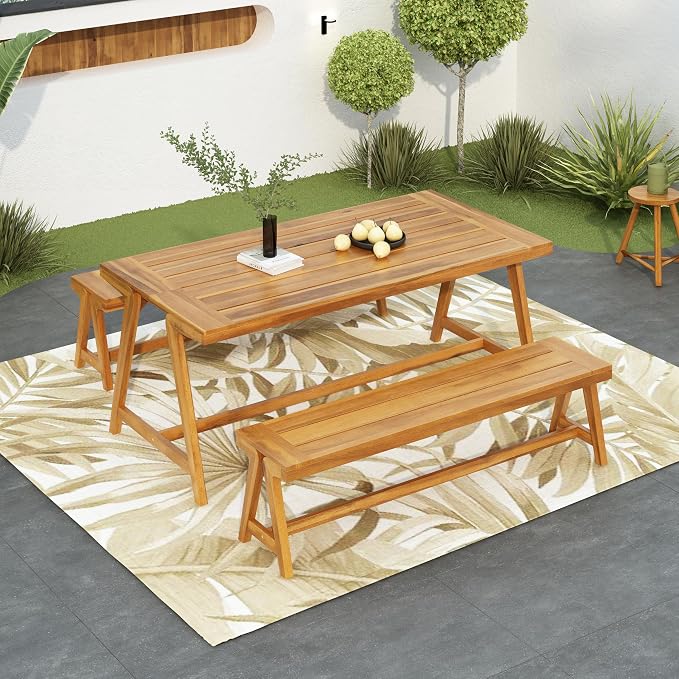 70.75'' Outdoor Patio Dining Table & 2 Bench for 4, Acacia Wood Farmhouse Dining Table Set Outdoor & Indoor Furniture for Patio Porch Garden, 3-Pcs, Teak