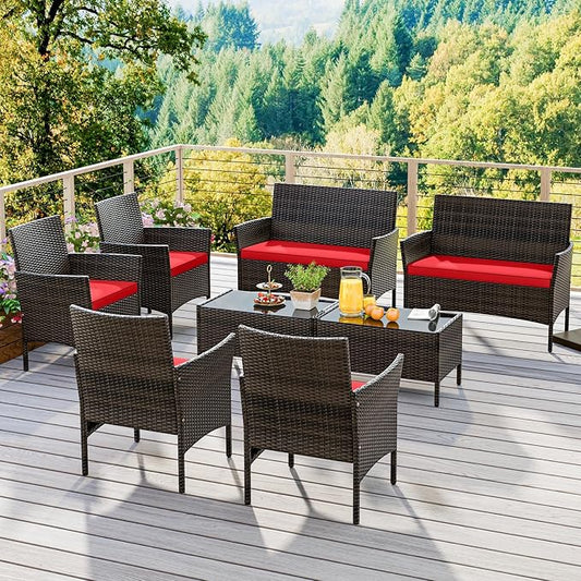 KOTEK 8 Piece Patio Furniture Set, Outdoor Rattan Conversation Set with Loveseat, Wicker Chairs, Tempered Glass Coffee Table, Wicker Patio Set for Backyard, Porch (Red)