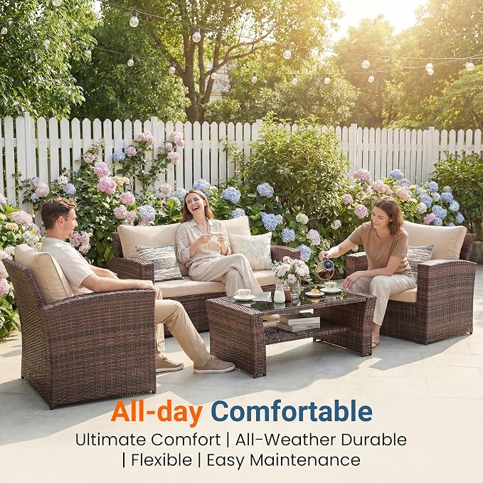 Wisteria Lane 4 Piece Patio Furniture Set, Wicker Outdoor Patio Conversation Furniture Set, All Weather Outdoor Patio Sofa with Cushion and Wood Table, Brown and Beige
