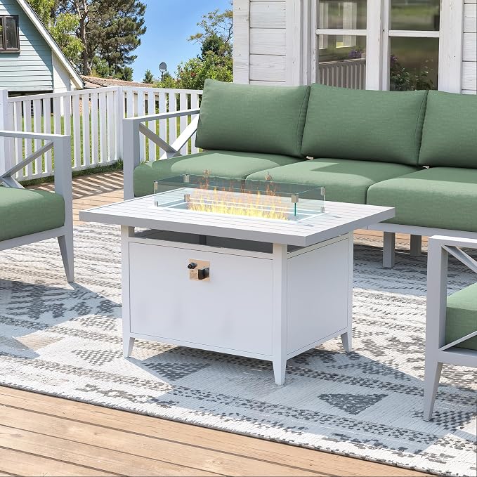 Aluminum Patio Furniture Set with Oversized Fire Pit Table, 7-Piece All-Weather Outdoor Conversation Set with Swivel Rocking Chairs, Oversized Modern Sofa for Backyard,Deck,Balcony–White