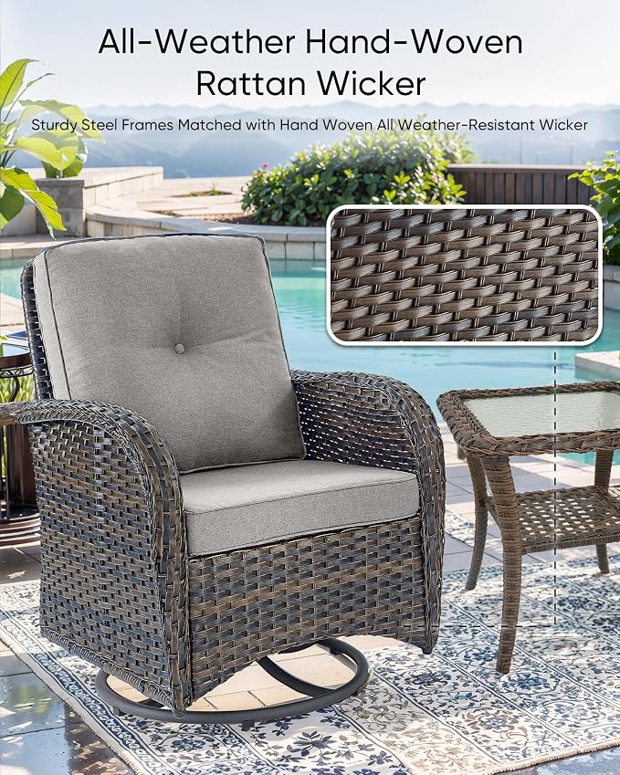 HUMMUH 9 Piece Patio Furniture Set with Fire Pit Table,Wicker Patio Swivel Rocker Outdoor Chairs 3-Seat Sofa with Ottomans for Backyard,Poolside,Deck