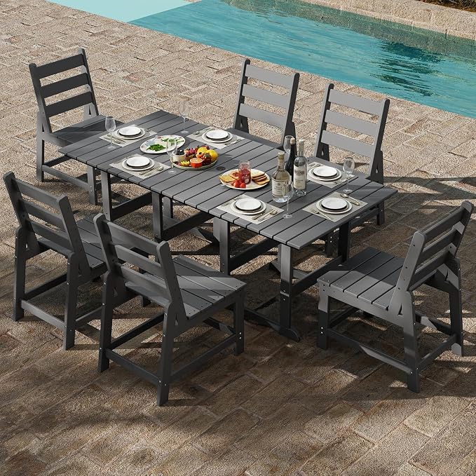 GREENVINES 7-Piece-Outdoor-Table-and-Chairs | HDPE | Patio Furniture | Dining Sets for 6 | Armless Chair | All Weather | Connectable Tables | for Backyard Poolside Garden | Grey