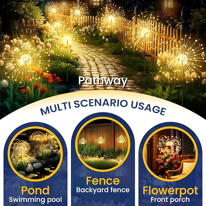GIGALUMI 2 Pack Solar Firework Lights Outdoor, Garden Decor, Warm White | 120 LEDs, Fairy Design, Waterproof, Garden Decor, Solar Powered for Yard, Pathway, Flowerbed, Planter, Balcony, Gifts for Mom