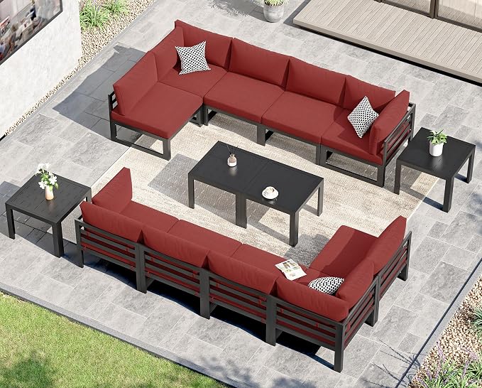 NICESOUL 10 Seat Large Luxury Aluminum Patio Conversation Set with Side Table, 29" Deep Wide Seating, Modular Sectional Couch, 500 lbs Heavy Duty All Weather Outdoor Sofa for Backyard Deck, Burgundy