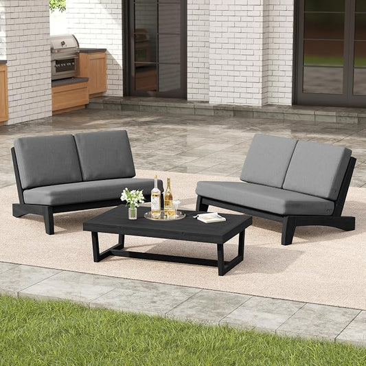 3 Pieces Patio Furniture Sets, All-Weather Outdoor Wood Bistro Set Patio Conversation Coffee Table Chiars and Patio Loveseat for Balcony, Backyard