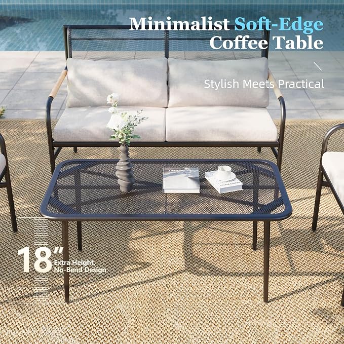 HERA'S HOUSE Patio Furniture Set, 4 Pieces Outdoor Furniture Set with 6.7'' Thick Cushions, All-Weather Patio Conversation Set with Coffee Table for Backyard, Poolside, Deck-Beige