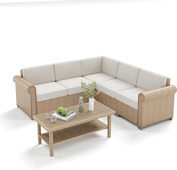 MIXPATIO Patio Furniture Set, 6 Piece Outdoor Rattan Wicker Sectional Conversation Set with 5.5" Thick Waterproof Cushions and Coffee Table for Deck Backyard