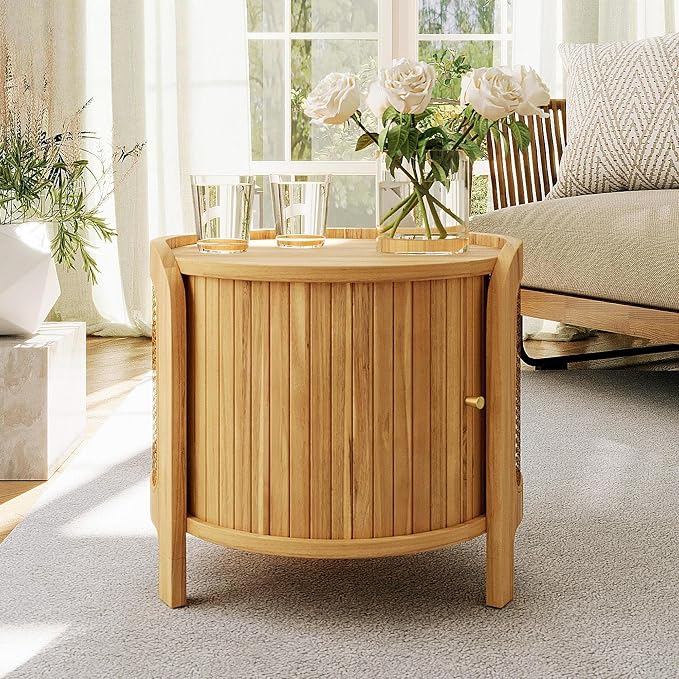 Merax Small Round Rotating Coffee Table with Hidden Storage, 19.8 Inch Modern Indoor/Outdoor Natural Rattan Coffee Table with Wood Fluted Sliding Door, for Patio Garden Balcony or Living Room