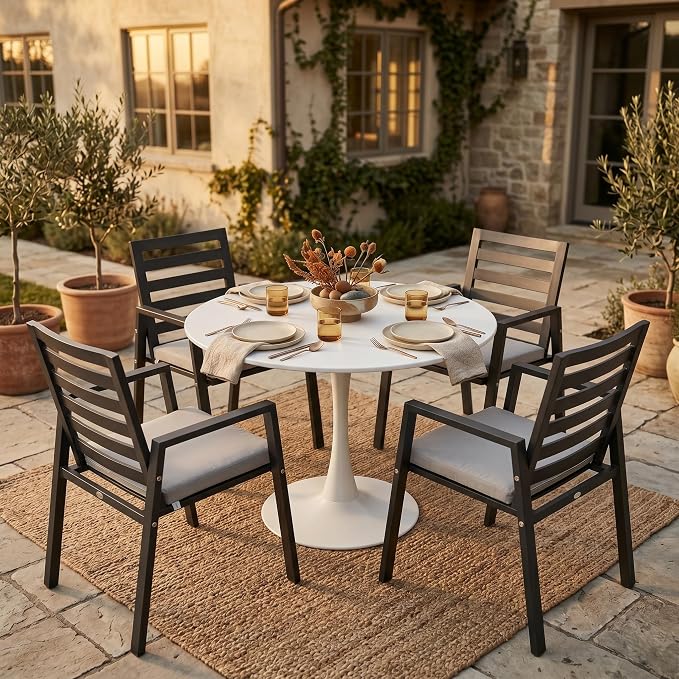 LeisureMod Bello 31" Round Outdoor Dining Table, Modern Black Metal Patio Bistro Table with Pedestal Base, Weather-Resistant Accent Table for Balcony, Garden, Deck, Backyard & Cafe, White