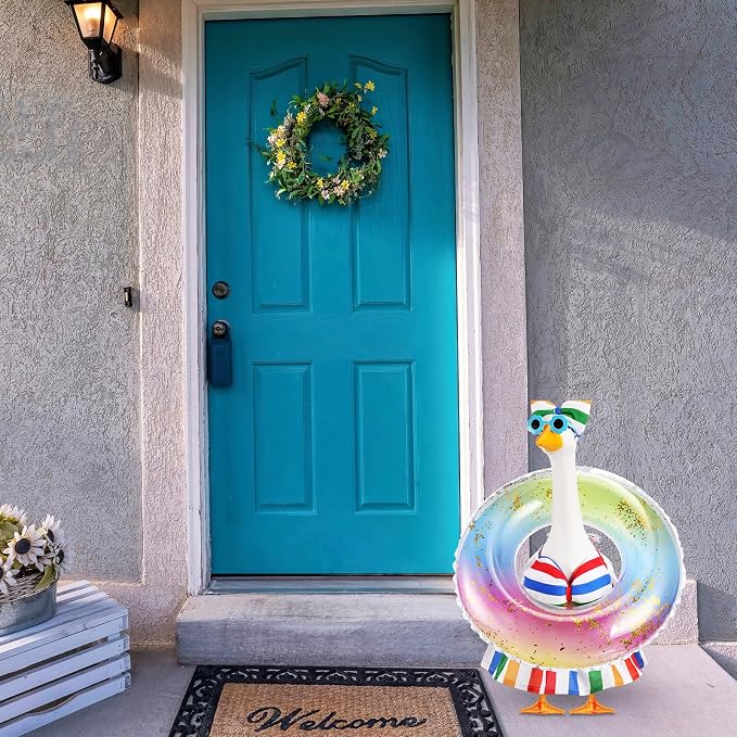 Bikini Porch Goose Outfits with Sunglasses and Swimming Tube for 23" Summer Goose Costume Garden Patio Statue Decor(Rainbow)