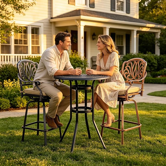 Bar Height Patio Table- Round High Top Outdoor Table, Small Pub Height Bistro Tables, Cast Aluminum All Weather Cocktail Tables with Umbrella Hole & Antique Design 41" H for Yard Porch Garden