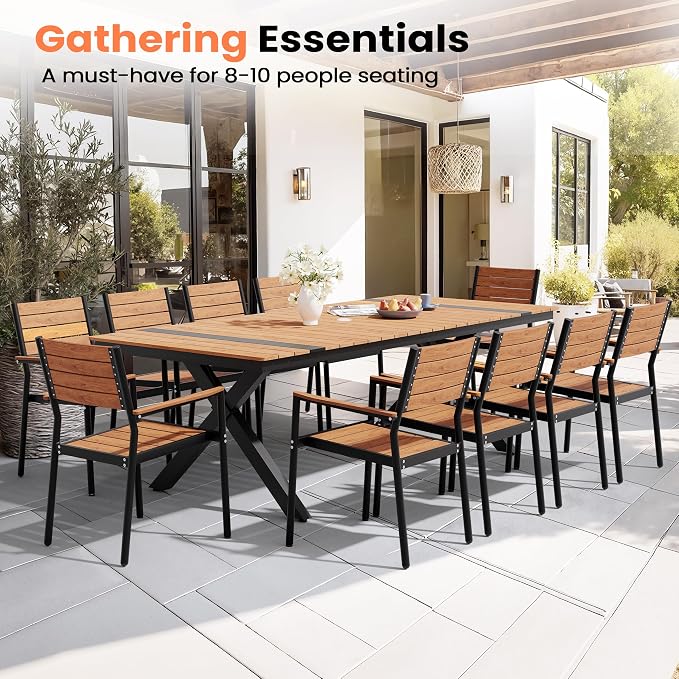 Pellebant 94" Outdoor Dining Table for 8-10, 8ft Aluminum Patio Table with Umbrella Hole, Weather Resistant Teak Wood Grain Tabletop and Sturdy Frame for Deck, Porch, Backyard