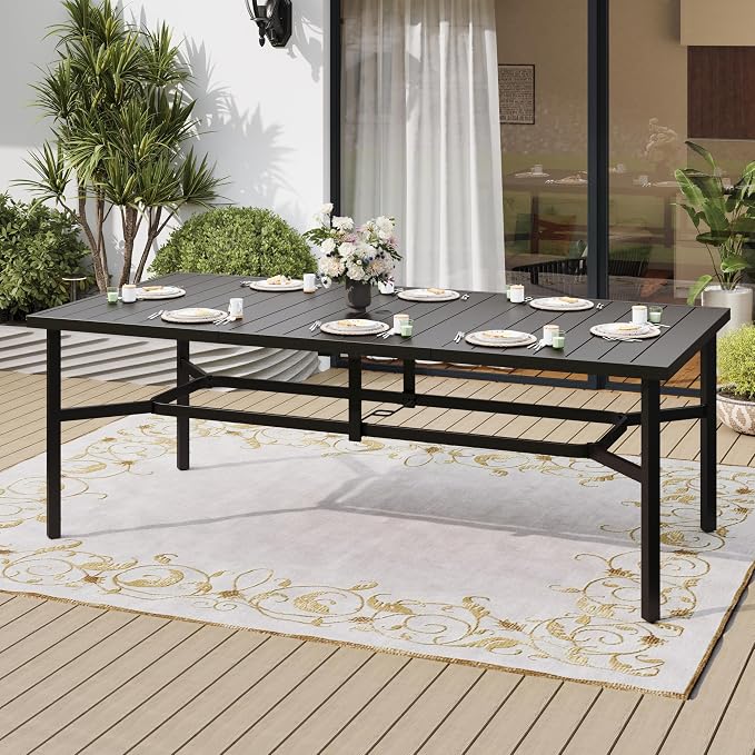 SUNSHINE VALLEY 83" Patio Table for 8,Large Rectangle Patio Dining Table with Umbrella Hole,E-Coating and Powder Coating Steel Frame Metal Outdoor Patio Table for Garden Backyard Lawn Yard