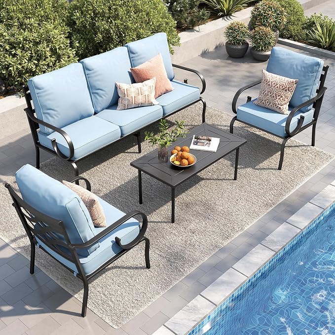 PHI VILLA Patio Furniture Set, 3-Seater Sofa, 2 Fixed Chairs and a Coffee Table, Outdoor Metal Conversation Set with 5.75" Extra Thick Cushion for Garden Backyard Deck, Blue