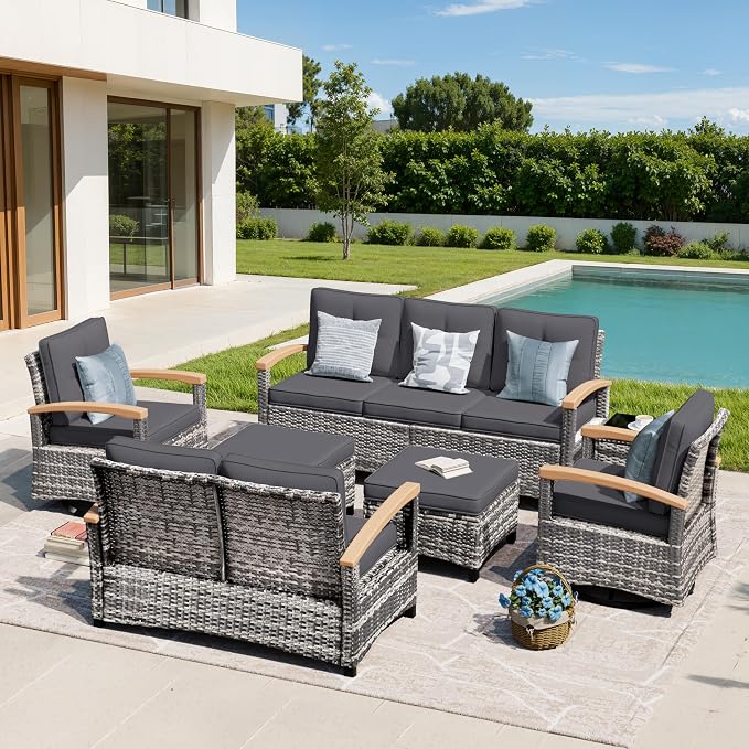 MEISSALIVVE 7 Pieces Outdoor Patio Furniture Sets, Wicker Patio Conversation Sets with 2 Wood Armrests Swivel Glide Chairs, Outdoor Couch for Deck Yard and Poolside (Grey)