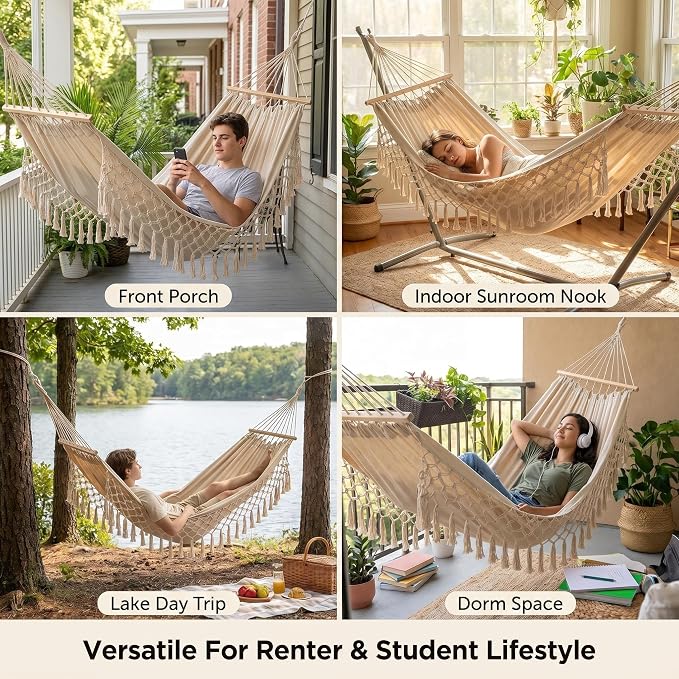 Bohemian Canvas Hammock with Tassels, 79"x39", 300 lbs, White | Soft Breathable Cotton Canvas Hammock,79x39in,2 Hanging Straps Wooden Bar;3 colors,compact for students renters dorm balcony