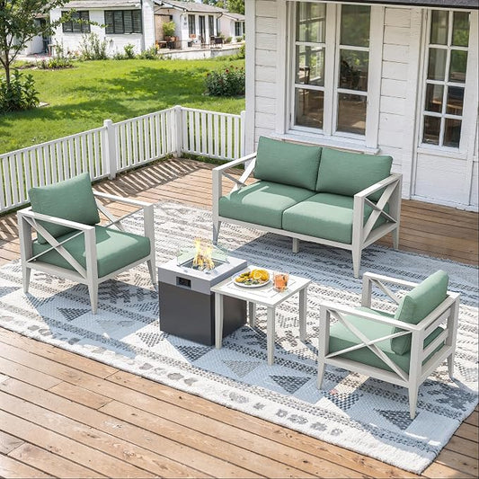 Aluminum Patio Furniture Set, 6-Piece Oversized Outdoor Conversation Set with Fire Pit Table & Coffee Table, All Weather Modern White Sofa for Deck, Garden, Poolside