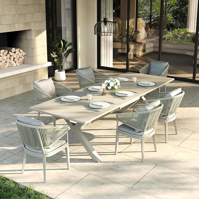 LayinSun 7 Piece Outdoor Dining Table Set, Aluminum Modern Rectangular Dining Table and All-Weather Wicker Chairs Set for Patio Deck Indoor Decor Kitchen