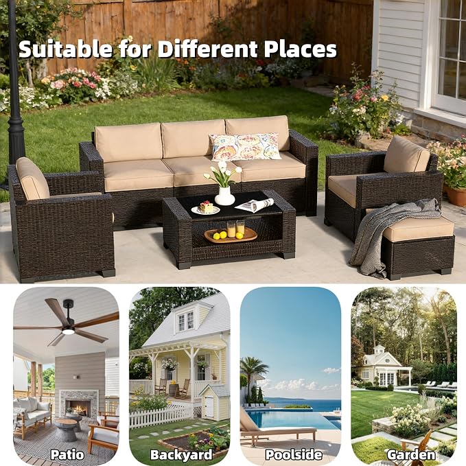 SHGJ&SOFT 7 Piece Outdoor Patio Furniture Set, Wicker Outdoor Sectional Sofa with Washable Cushion Covers and Tempered Glass Table, Rattan Conversation Set for Poolside,Balcony, Porch,Garden