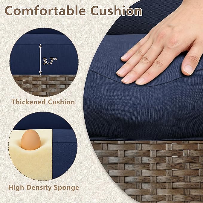 LOUVIXA 7 Piece Outdoor Patio Furniture Set, Rattan Chairs Glass Table Wicker Conversation Seating Sectional Sofa with Cushions (Brown-Navy, 7Pcs-2 Layer Coffee Table)