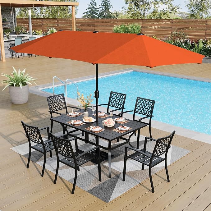 PHI VILLA 8 Pcs Patio Dining Set w/ 13ft Double-Sided Patio Umbrella | Metal Outdoor Table Furniture Set with 6 Outdoor Stackable Chairs, 1 Rectangle Dining Table and 1 Large Umbrella