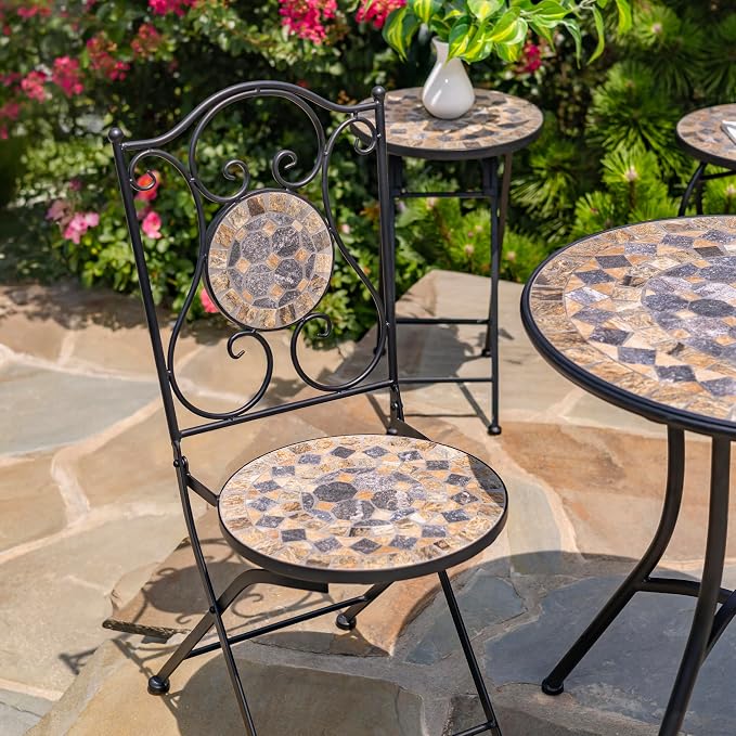 Zaer Ltd. Mosaic Tile Furniture with Black Metal Frame and Patterned Tile Tops (Medora - Black/Stone/Gray, Bistro Set (2 Chairs, 1 Table))
