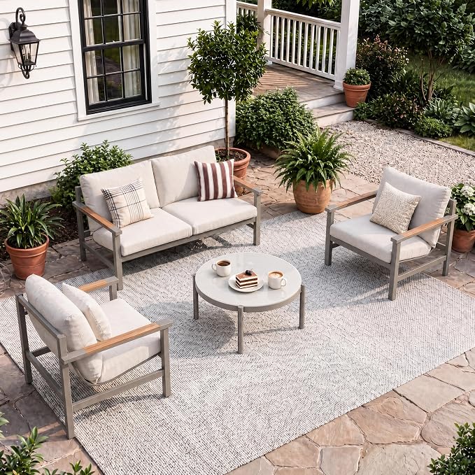 Grand patio 4-Piece Patio Conversation Set, All-Aluminum Outdoor Furniture Set with Teak-Look Armrests & Olefin Cushions, Weather-Resistant Patio Furniture for Backyard, Porch, Balcony, Deck