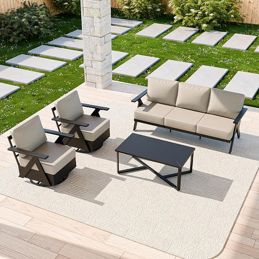 COOS BAY Iron Luxe 4 Piece Outdoor Patio Furniture Set, Modern Patio Conversation Set with 2 Swivel Rocking Chairs, a 3 Seat Couch & Coffee Table for Deck, Garden, Porch, Black/Beige