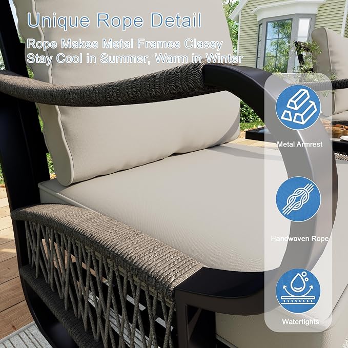 11 Pieces Patio Furniture Set, Metal Outdoor Conversation Sets with Swivel Chairs, Modern Couch Sofa Seating Group with Coffee Table and Side Table (Thick Beige Cushions)