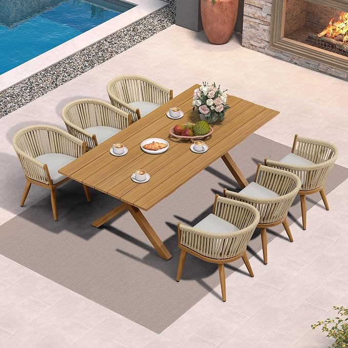 PURPLE LEAF 7 Pieces Longer Outdoor Dining Set with Patio Aluminium Dining Table and Wicker Chairs Modern Furniture Cushions Sets for Backyard Indoor Decor Kitchen Teak