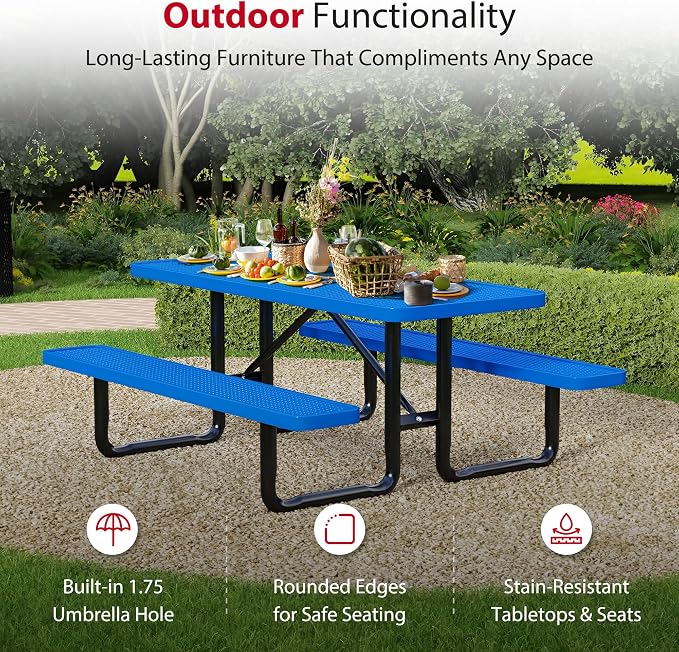 Leisure Craft Metal Picnic Table with Bench - 8 ft Rectangle Outdoor Dining Table for 8, Umbrella Hole, Weatherproof Heavy Duty Thermoplastic Coating, Commercial Grade Furniture Made in USA - Blue