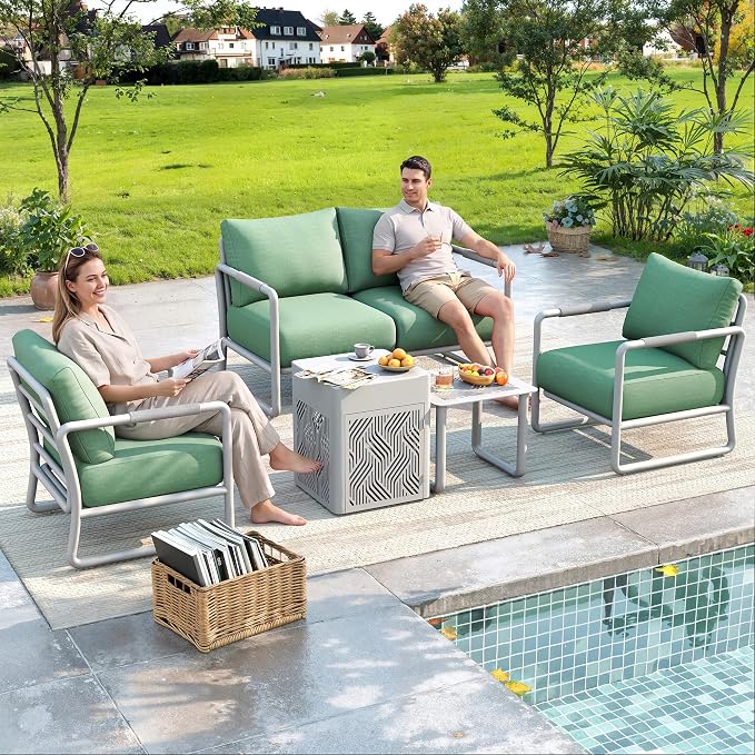 4-Seat Outdoor Aluminum Patio Set with 45,000 BTU Fire Pit Table, 6.5" Thick Cushions & Wide Seating, All-Weather for Pool, Balcony, Garden, White