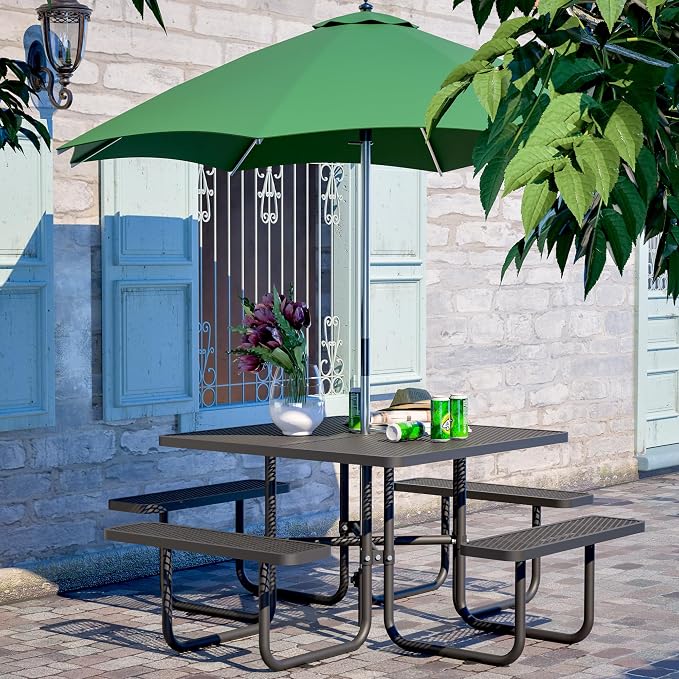 46'' Heavy Duty Outdoor Picnic Table - Commercial Grade Square Steel Picnic Table Set, Umbrella Hole, Rust-Resistant Metal Mesh Tabletop for Patio, Garden, Park, BBQ - Black