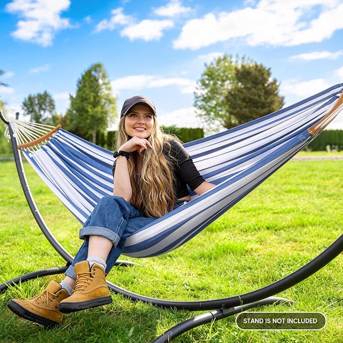 SUNCREAT Hammocks Outdoor Camping Double Hammock for Trees, Backyard Hammock Portable, Blue & White