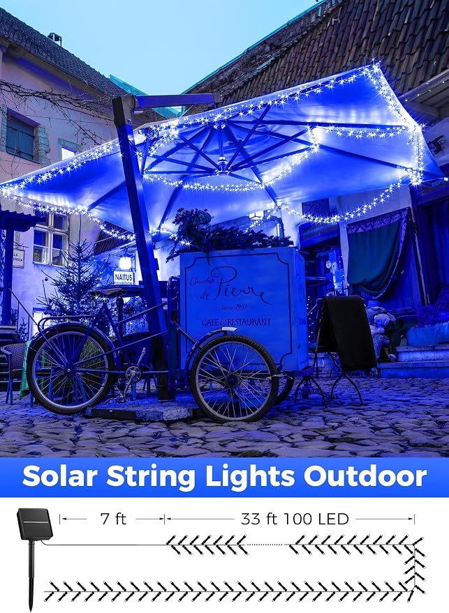 Minetom Solar String Lights Outdoor Waterproof, 40 FT 100 LED Outdoor Light | Solar Powered String Lights with 8 Lighting Modes, Solar Christmas Lights for Outdoor Outside Tree Party Camping Decor, Blue