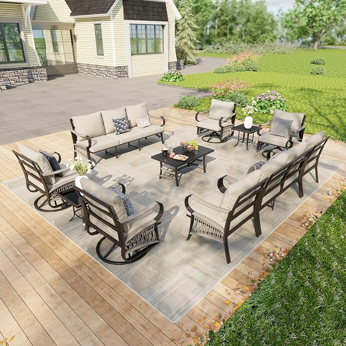 11 Pieces Patio Furniture Set, Metal Outdoor Conversation Sets with Swivel Chairs, Modern Couch Sofa Seating Group with Coffee Table and Side Table (Thick Beige Cushions)