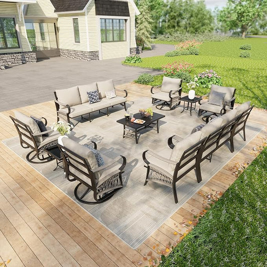 11 Pieces Patio Furniture Set, Metal Outdoor Conversation Sets with Swivel Chairs, Modern Couch Sofa Seating Group with Coffee Table and Side Table (Thick Beige Cushions)