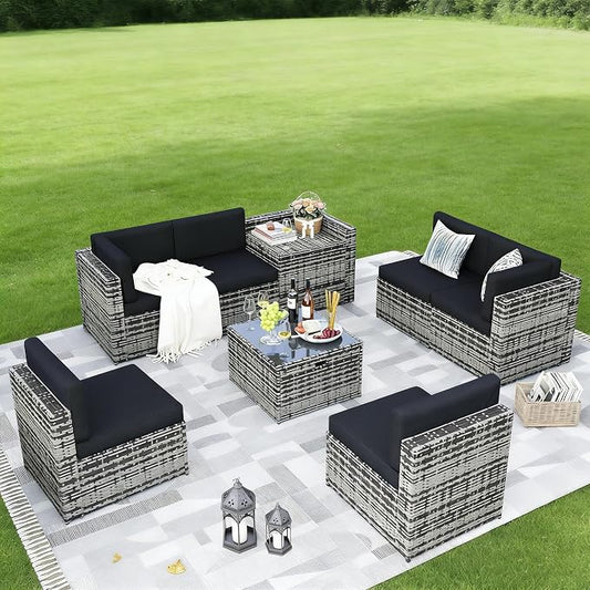 Aoxun 8 Piece Patio Furniture Set, Wicker Rattan Outdoor Furniture Set with Storage Box and Glass Top Table, Patio Sectional Set with Thick Cushions, Grey