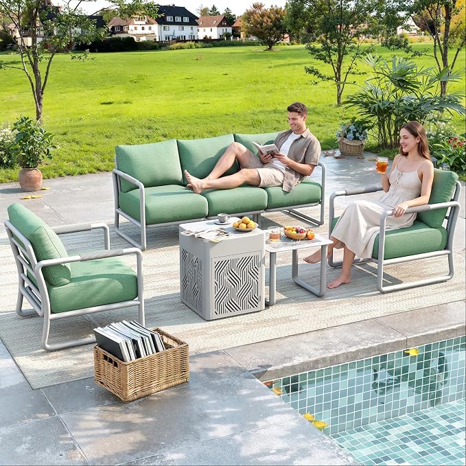 5-Seat Outdoor Aluminum Patio Set with 45,000 BTU Fire Pit Table, 6.5" Thick Cushions & Wide Seating, All-Weather for Pool, Balcony, Garden, White
