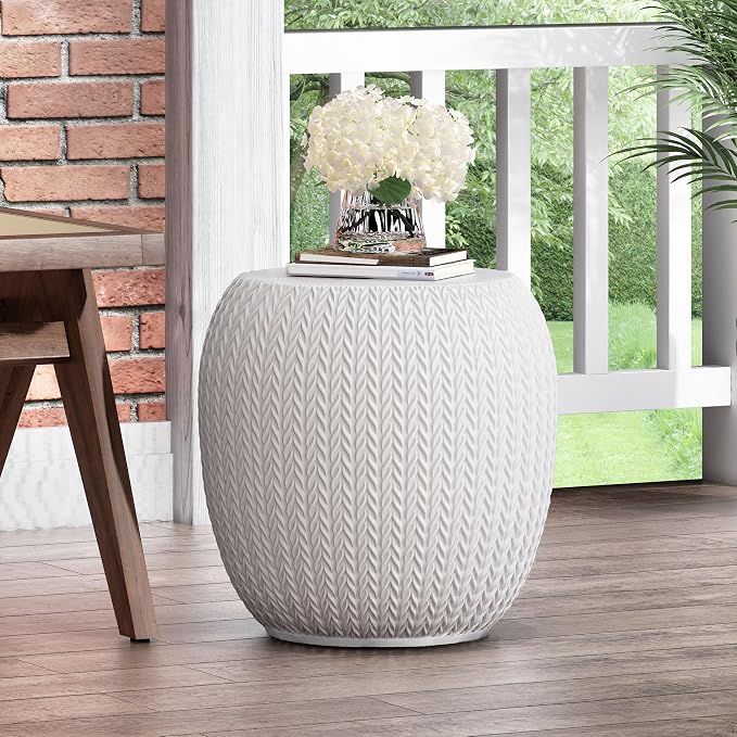 Outdoor Side Table 15.75" Drum Shape Lightweight Concrete-Look Outdoor Indoor Accent Table Decorative Garden Stools, for Patio Porch Living Room, White