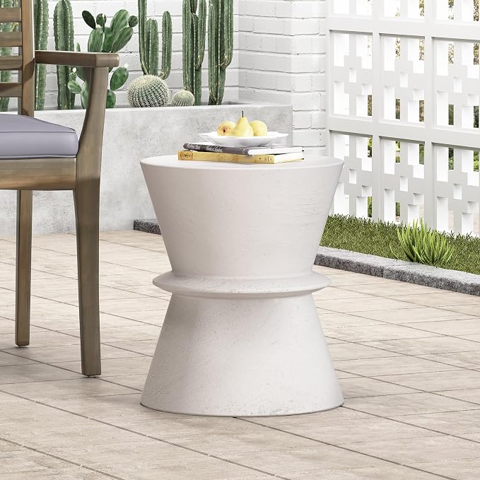 Outdoor Side Table 15.5" Hourglass Shape Lightweight Concrete-Look Outdoor Indoor Accent Table Decorative Garden Stools, for Patio Porch Living Room, White