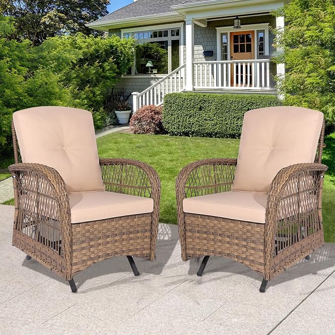 Outdoor Wicker Glider Rocker Chair, Patio Rattan Gliding Rocking Chairs Set of 2 with Thickened Cushions, All-Weather Wicker Furniture Sets for Porch Garden & Backyard