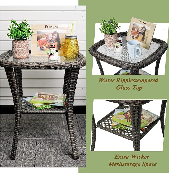 Outdoor Patio Coffee Tables, All Weather Resin Rattan Patio Glass Coffee Table, for Garden Backyard Lown Porch
